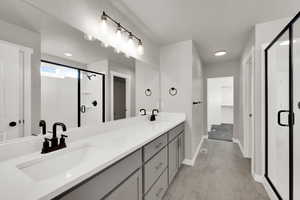 Full bathroom with double vanity, a shower stall, and a spacious closet