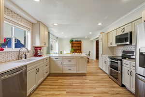 Kitchen featuring appliances with stainless steel finishes, tasteful backsplash, cream cabinetry, recessed lighting, and ornamental molding