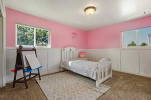 Bedroom featuring a decorative wall, wainscoting, and carpet flooring