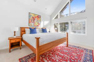 Bedroom with high vaulted ceiling and ensuite bull bath with steam shower