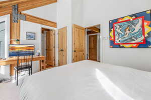 Carpeted bedroom,  closet with organizer, high vaulted ceiling and ensuite bathroom