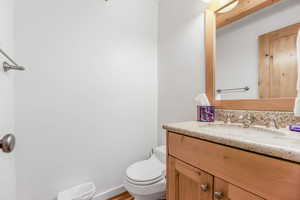 Bathroom with vanity and toilet in hallway near living room