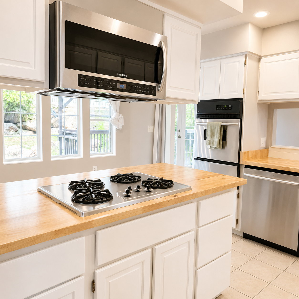 Kitchen island with a built-in stainless steel gas cooktop and wood-finish countertop
