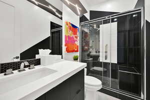 Full bath with vanity and a shower stall