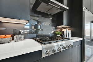 Kitchen featuring extractor fan, stainless steel appliances, tasteful backsplash, modern cabinets, and dark cabinetry