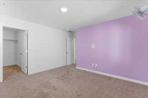 Bedroom featuring a spacious closet and light colored carpet