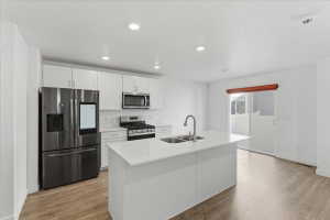 Kitchen featuring appliances with stainless steel finishes, white cabinets, light wood-style floors, a center island with sink, and recessed lighting