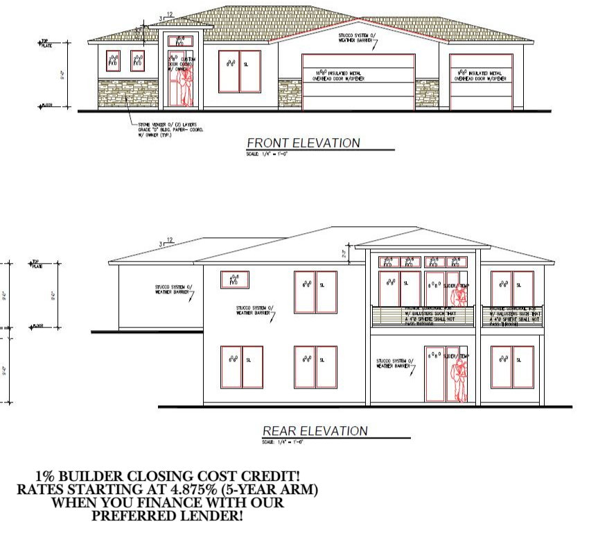 Architectural Drawings. Presenting front and rear elevations of the property, with promotional financing details