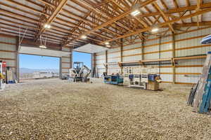 Garage with metal wall and a mountain view