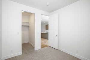 Unfurnished bedroom featuring a spacious closet and light colored carpet