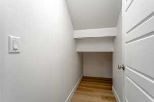 Walk in closet with light wood-style flooring