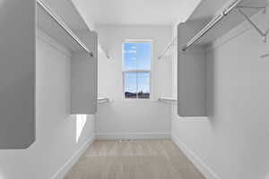 Walk in closet with light colored carpet