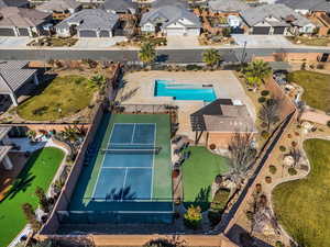 Aerial view of residential area with a pool