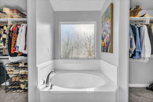 Bathroom with a spacious closet, carpet, and a garden tub