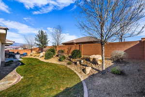 Fenced backyard with a patio