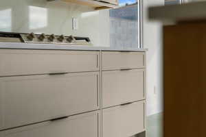 Kitchen view of white cabinetry and stainless steel gas cooktop