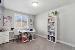Office with light carpet and baseboards