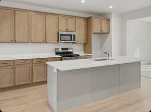 Kitchen with stainless steel appliances, a kitchen island with sink, light wood-type flooring, recessed lighting, and light wood finish cabinets