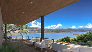 Wooden terrace featuring a water and mountain view
