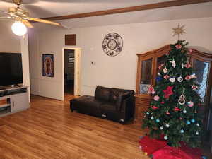 Living area with wood finished floors and a ceiling fan