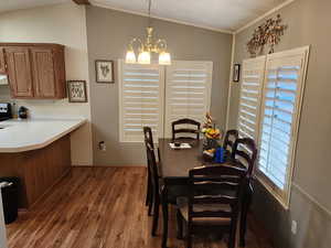 Dining area featuring dark wood-type flooring and a chandelier