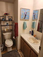 Bathroom featuring vanity and light tile patterned flooring
