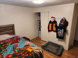 Bedroom with a textured ceiling, a closet, and wood finished floors