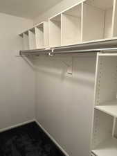 Spacious closet with dark colored carpet
