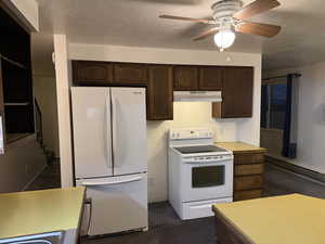 Kitchen with white appliances, dark brown cabinets, a textured ceiling, under cabinet range hood, and light countertops