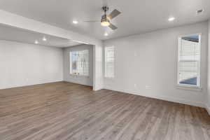 Unfurnished room featuring recessed lighting, light wood-style floors, and ceiling fan