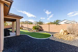Fenced backyard with a patio area and a residential view