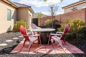 Fenced backyard featuring a patio