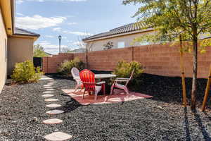 Fenced backyard with a patio