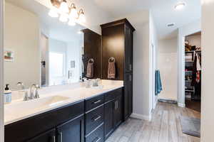 Bathroom with a walk in closet, double vanity, and light wood-style floors