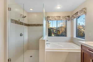 Bathroom featuring a walk in shower, a garden tub, and vanity