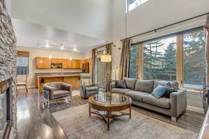 Living area featuring a fireplace, a towering ceiling, and dark wood-style flooring
