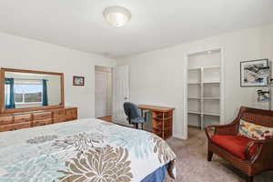 Bedroom with light carpet and a spacious closet