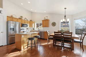 Kitchen featuring appliances with stainless steel finishes, a kitchen island, dark wood-type flooring, light stone counters, and high vaulted ceiling