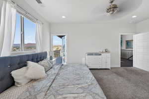Bedroom featuring access to exterior, carpet floors, ceiling fan, a mountain view, and recessed lighting