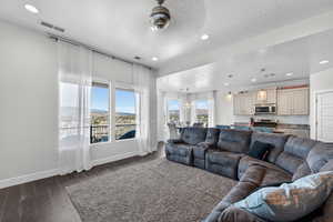Living area with a textured ceiling, dark wood finished floors, recessed lighting, and a chandelier