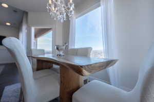 Dining space featuring a chandelier