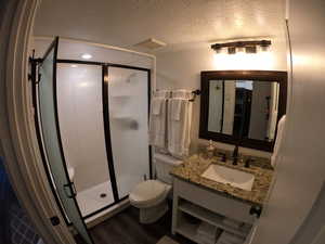 Full bath with a shower stall, a textured ceiling, vanity, and dark wood-type flooring