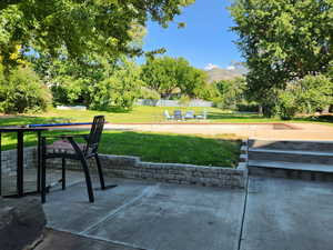 View of patio / terrace featuring a mountain view