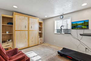 Workout room featuring light carpet, a textured ceiling, and recessed lighting