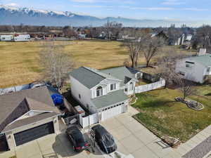 Aerial view of residential area with mountains