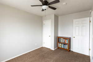 Bedroom with carpet floors and ceiling fan