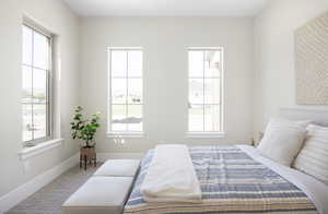 Bedroom with carpet and multiple windows