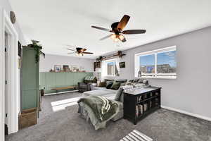 Living room featuring carpet and a ceiling fan