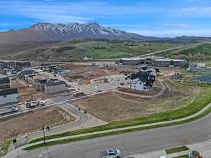 Aerial view of residential area with mountains