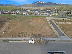 Aerial view of residential area with mountains